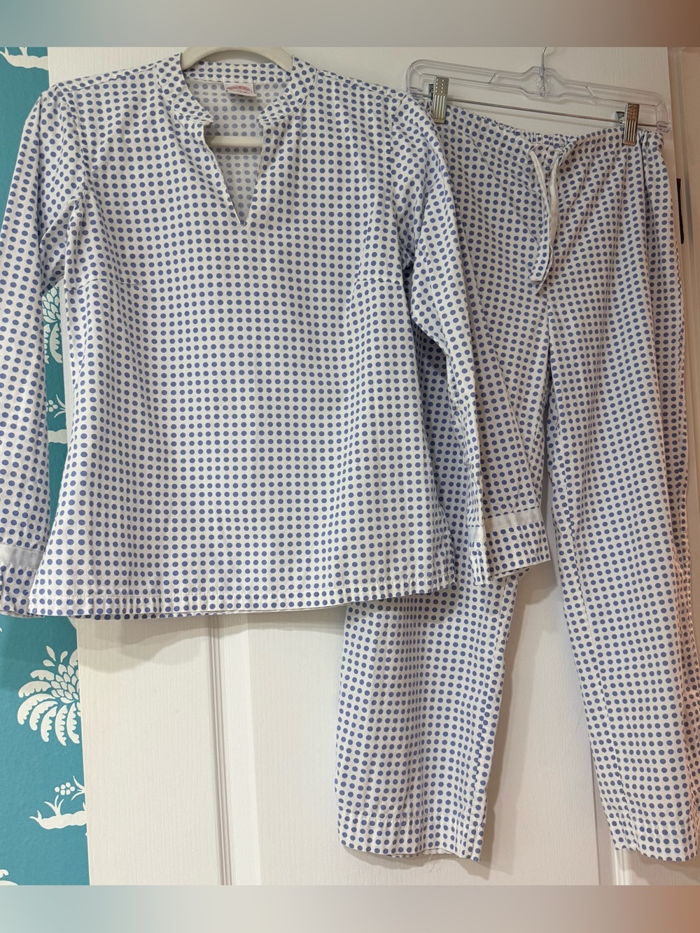 Brooks Brothers Pajama Set XS Blue White Polka Dot Cotton Drawstring Pants Top